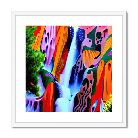 A waterfall filled with colorful waterfalls is showing in an art print.