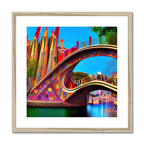 A large wooden bridge with a colorful art print.