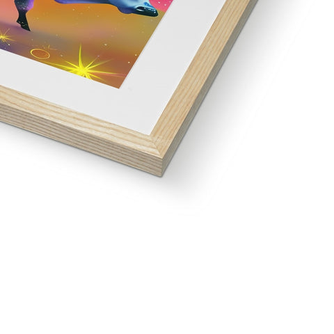 A picture of a painted art print with wooden frame in a book.