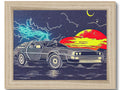a small piece of art print over by a red hot rod