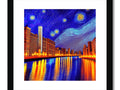 A colorful painting of a cityscape in the night cityscape.