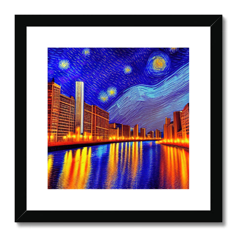 A colorful painting of a cityscape in the night cityscape.