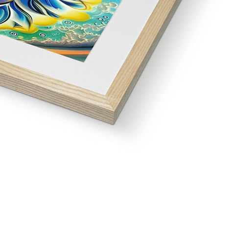 A picture of the ocean on a wooden frame in a book.