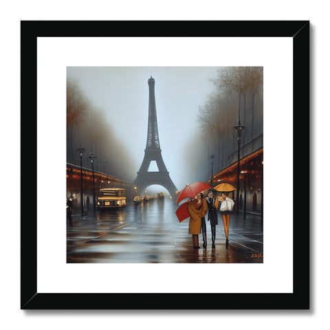 A large framed art print of the Eiffel Tower with a yellow umbrella and a
