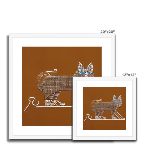 A soft brown cat sitting on a pile of white wall tiles with an art print on