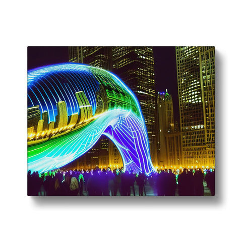 Art print featuring a picture of a white elephant on top of a building with lights.