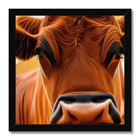 A cow with an orange, blond head sitting on a fence in a pasture. �