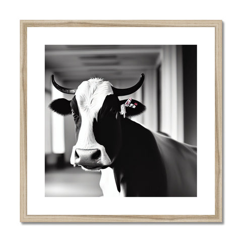 There is a black and white image of a small cow with its ears in the air