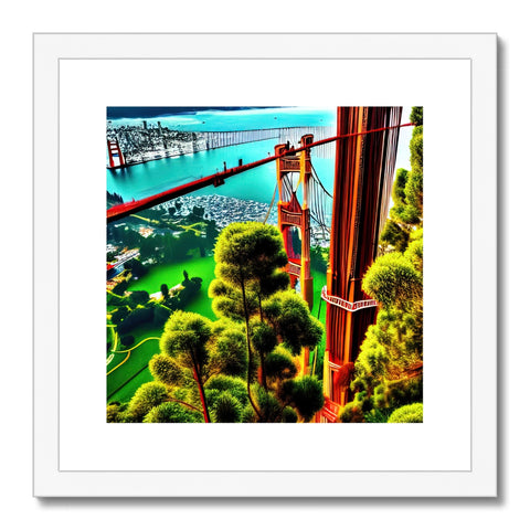 An orange cable car with a golden gate hangs in a frame