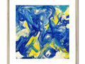 A blue and yellow painting hangs on an art frame.