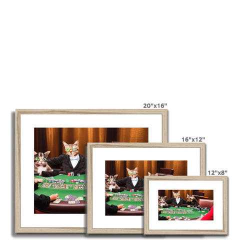 A picture frame with pictures of cats sitting at tables next to a small white tablecl