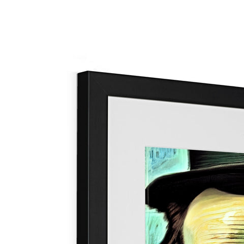 A black photo on a photo frame with a colorful image of an open painting in the