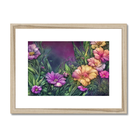 a framed print of a purple and pink picture of flowers that shows two flowers.