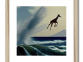 A giraffe riding a large wave under a wooden frame on the beach.