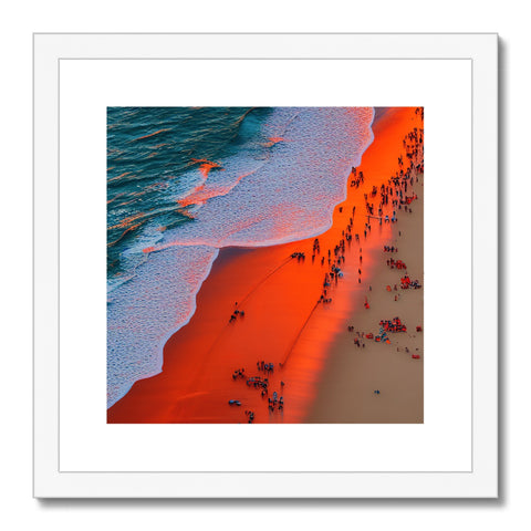 Art prints that are colorful on a beach next to large waves.