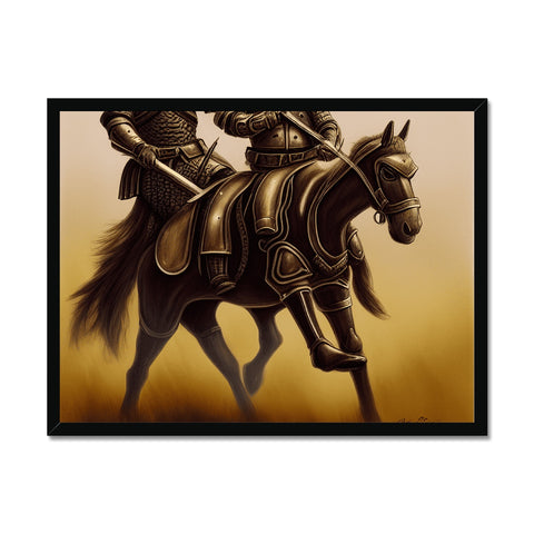 A samurai riding a horse on a black and gold field.