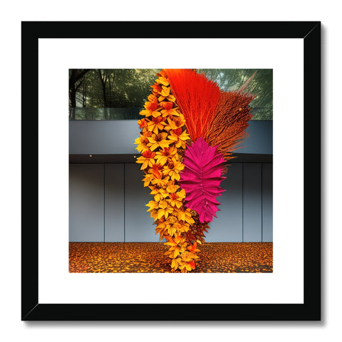 A red feather flying above a photo of orange flowers.