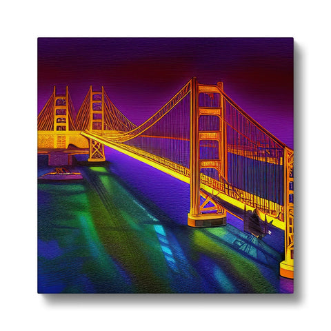 A bridge over a bridge in San Francisco next to an art print.