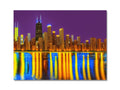 A large piece of cloth printed on a poster of Chicago city skyline standing in near a