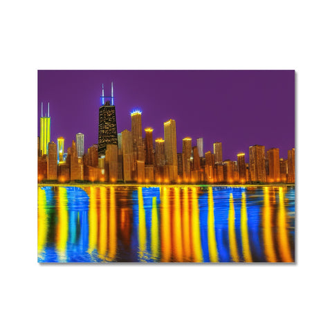 A large piece of cloth printed on a poster of Chicago city skyline standing in near a