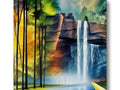 A waterfall surrounded by trees in the background of an art print.