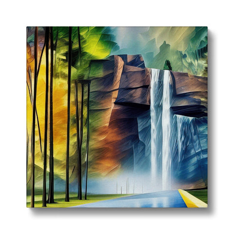A waterfall surrounded by trees in the background of an art print.