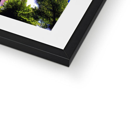 A picture of a picture of wood frame framed on a floor near a tree.