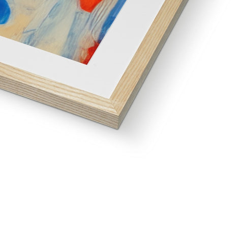 An abstract image of a painting on a white framed wood framed frame beside some wood.
