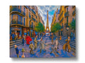 A group of people walking down a narrow city street next to an art print.