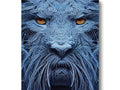 Art print of a lion standing in a wall next to a red room painted blue.