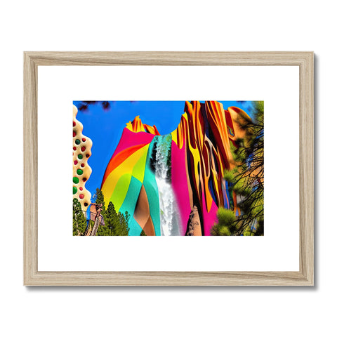 Art print of a rainbow bird flying and a rainbow umbrella sitting in some trees.