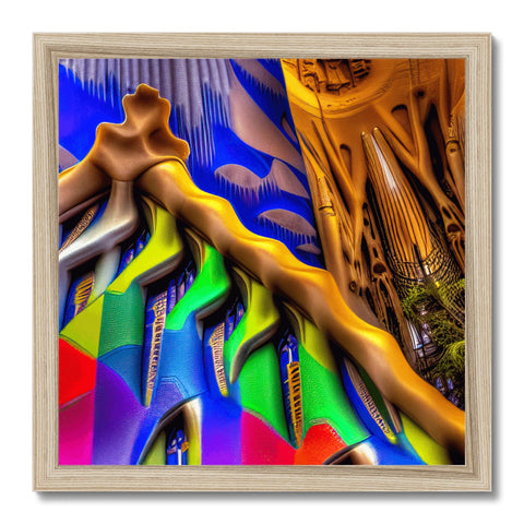 A colorful sculpture of a stained glass window sitting with a pipe organ at the end of