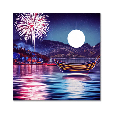 An art print with a boat on the water and fireworks flying by