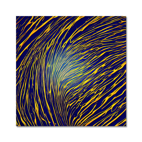 a blue and yellow abstract painting showing very strong winds on top of a gray blanket