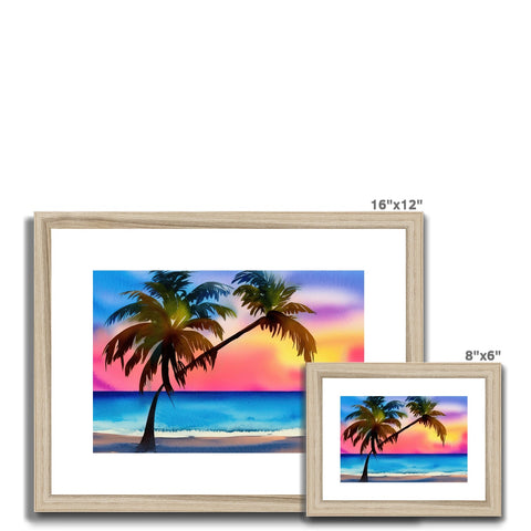 Three pictures framed in wooden frames showing colorful palm trees on a beach.