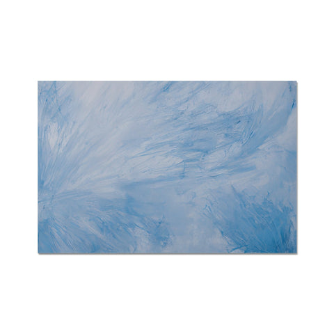 A white and blue painting that hangs on white wall with white walls