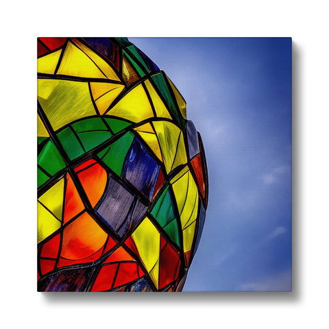 A colorful kite flying in front of a glass dome above a colorful lamp stand.