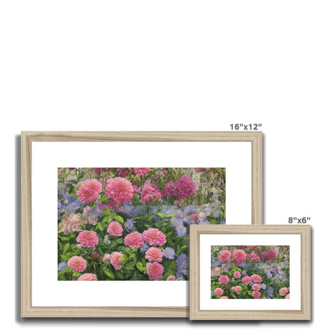 A framed photo of peonies, potted trees, and several other flowers in a