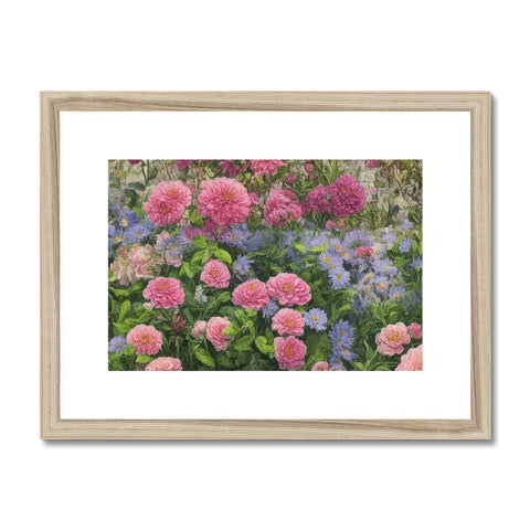 A picture and a picture of pink flowers on a wall on a green wooden frame