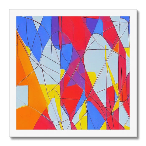 a white framed artwork with bright colors on a wall