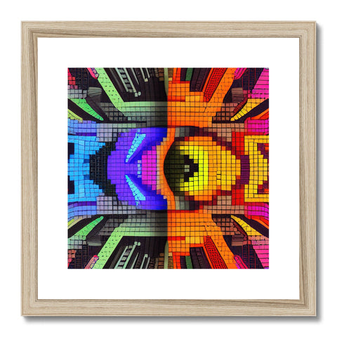 A framed print in a wooden frame with colorful and geometric designs on it.