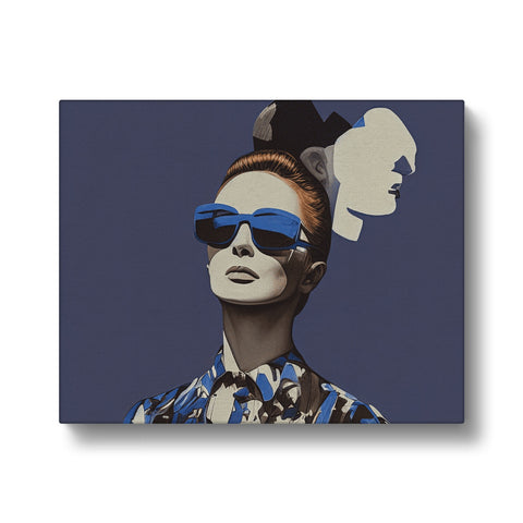 A photo of a woman wearing sunglasses in a sunny window, along with an art print