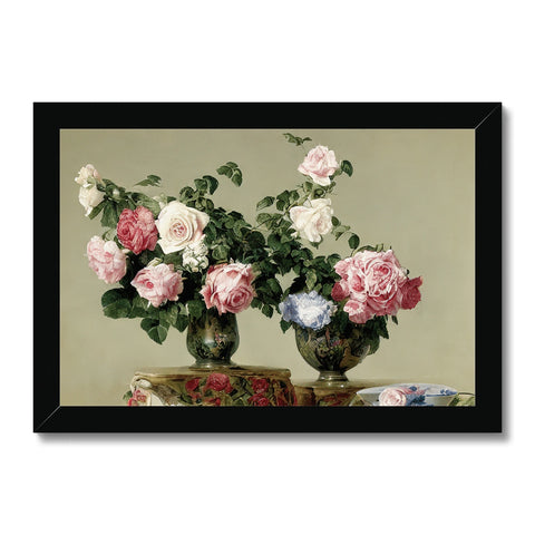 A large vase of pink roses on a wall with an art print and white v