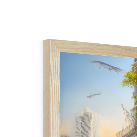A photo on top of a wooden frame with a view of city