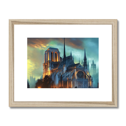 An art print of a gothic cathedral building with a stupendous saint