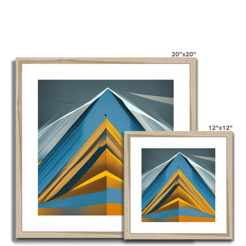 A photo of blue and gold artwork on a wall of blue framed photos.