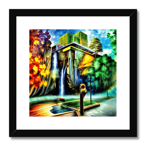 A gold framed print of a waterfall with the city at the top of it.
