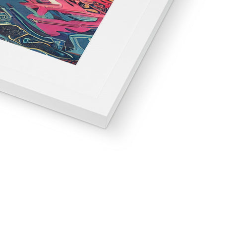 An art print sitting on top a wooden frame with a paper frame sitting in the center