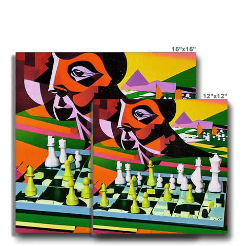 Three chess games next to each other on a table surrounded by a number of colorful posters