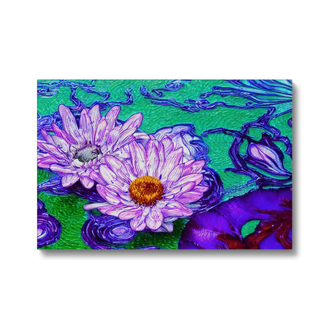 a card print with flowers on a purple background with water lilies on the side